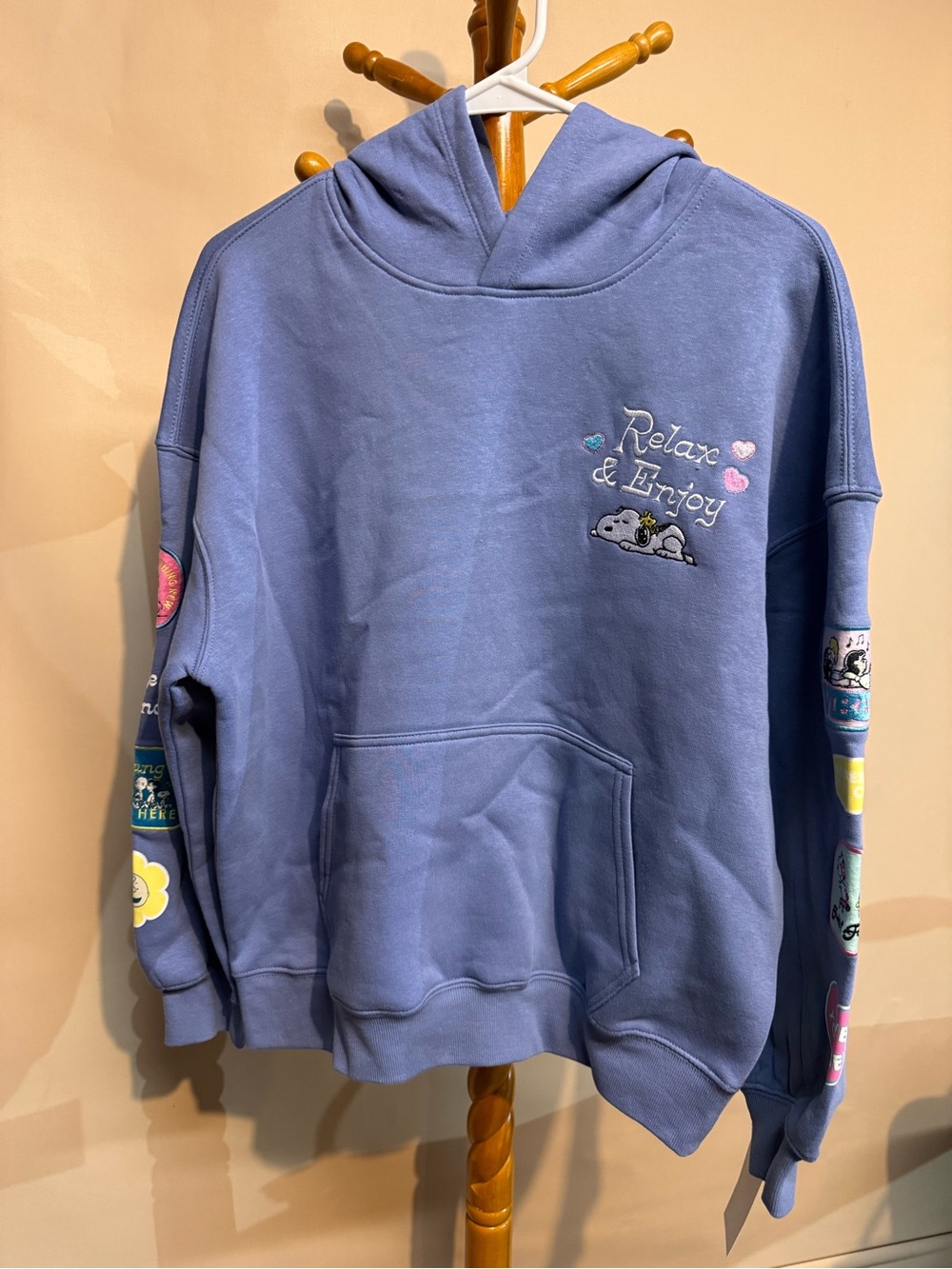 Women’s Snoopy Peanuts Relax & Enjoy Embroidered Blue Pullover Hoodie